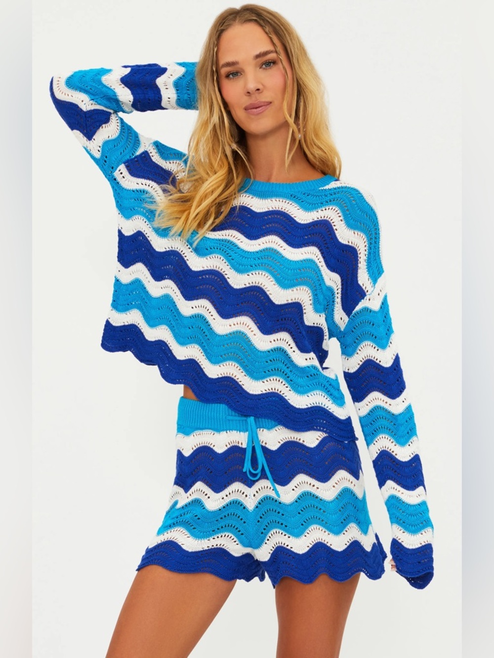 Beach Riot Wavy Stripe Pointelle Cover-Up Sweater & Short SET Size Small